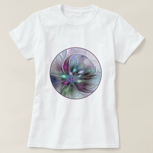 Colourful Fantasy Abstract Modern Fractal Flower T-Shirt (Design Front)
