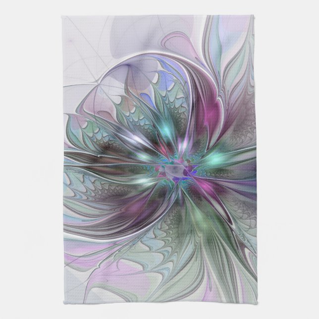 Colourful Fantasy Abstract Modern Fractal Flower Tea Towel (Vertical)