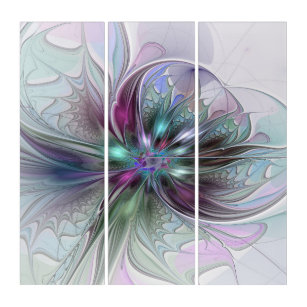 Colourful Fantasy Abstract Modern Fractal Flower Triptych