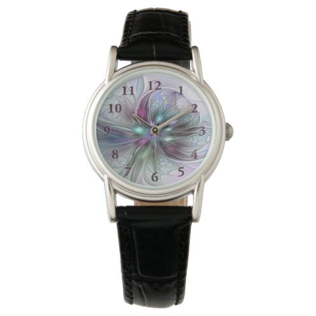 Colourful Fantasy Abstract Modern Fractal Flower Watch (Front)