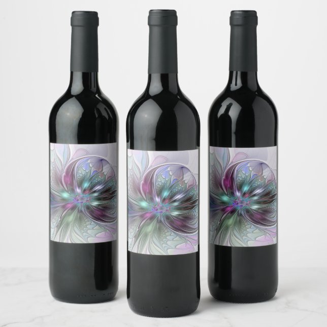 Colourful Fantasy Abstract Modern Fractal Flower Wine Label (Bottles)