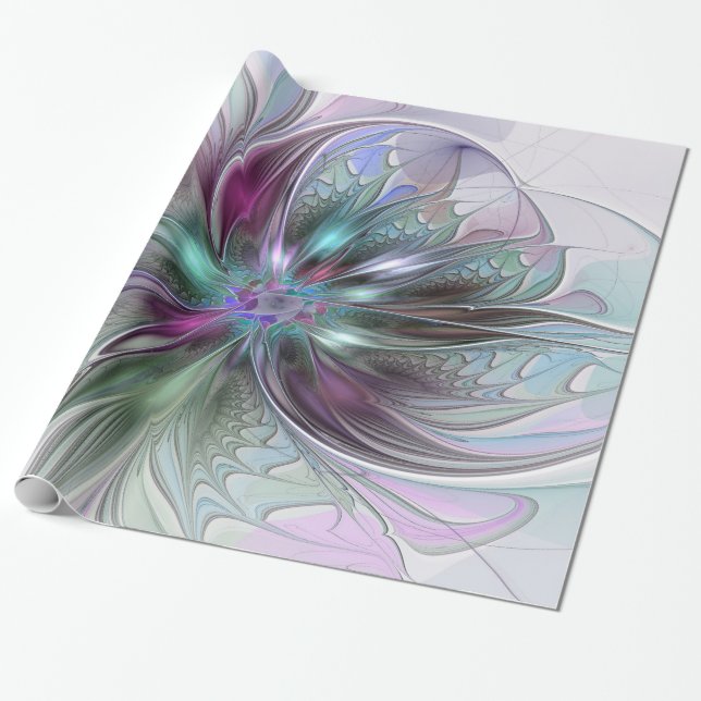Colourful Fantasy Abstract Modern Fractal Flower Wrapping Paper (Unrolled)
