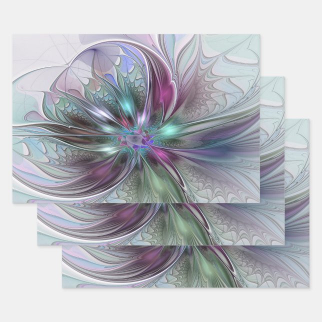 Colourful Fantasy Abstract Modern Fractal Flower Wrapping Paper Sheet (Set)