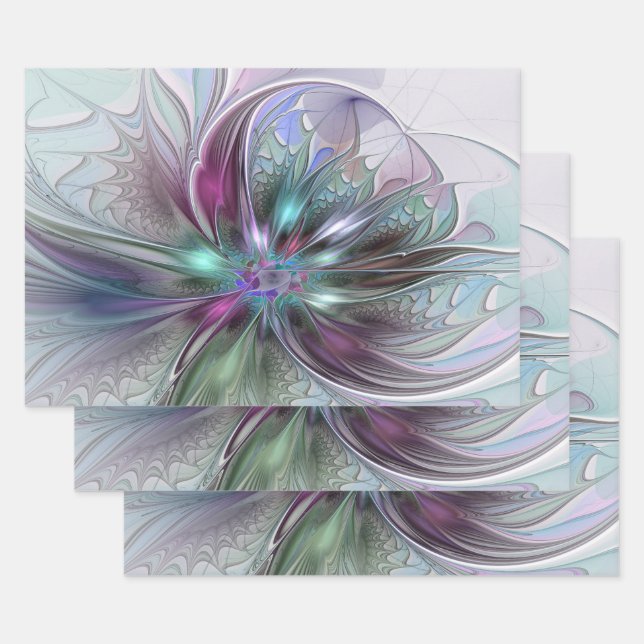 Colourful Fantasy Abstract Modern Fractal Flower Wrapping Paper Sheet (Set)