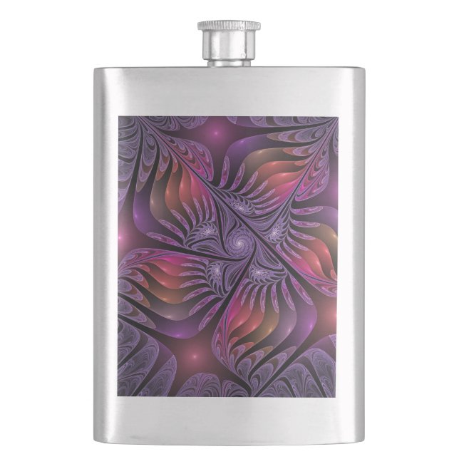 Colourful Fantasy Abstract Trippy Purple Fractal Hip Flask (Front)