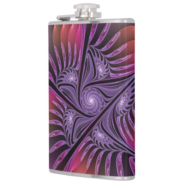 Colourful Fantasy Abstract Trippy Purple Fractal Hip Flask (Left)