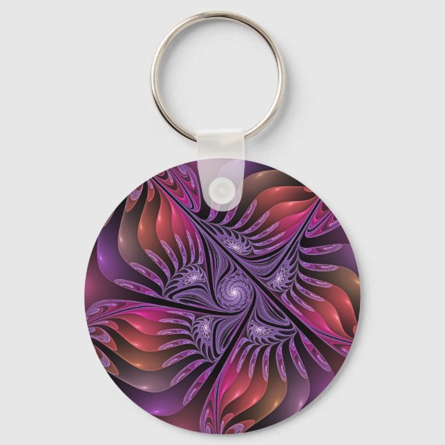 Colourful Fantasy Abstract Trippy Purple Fractal Key Ring (Front)