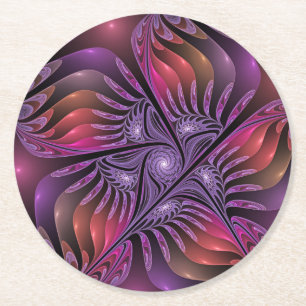 Colourful Fantasy Abstract Trippy Purple Fractal Round Paper Coaster