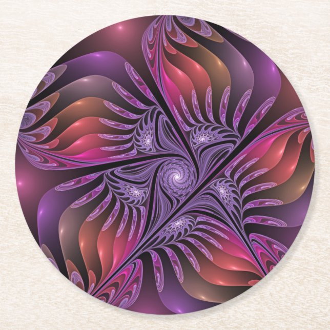 Colourful Fantasy Abstract Trippy Purple Fractal Round Paper Coaster (Front)