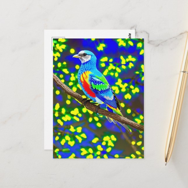 Colourful Fantasy Bird On a Branch  Postcard (Front/Back In Situ)