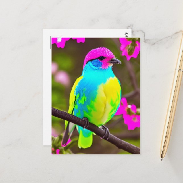 Colourful Fantasy Bird On a Branch With Flowers Postcard (Front/Back In Situ)