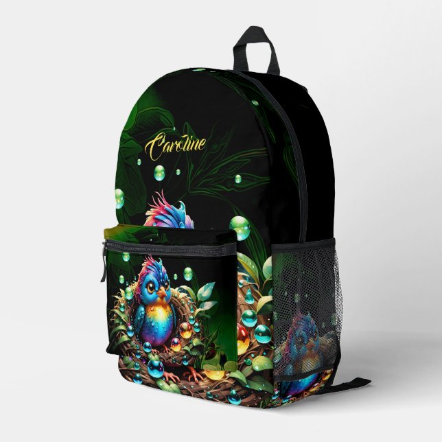 Colourful fantasy bird printed backpack (Back Corner Right)
