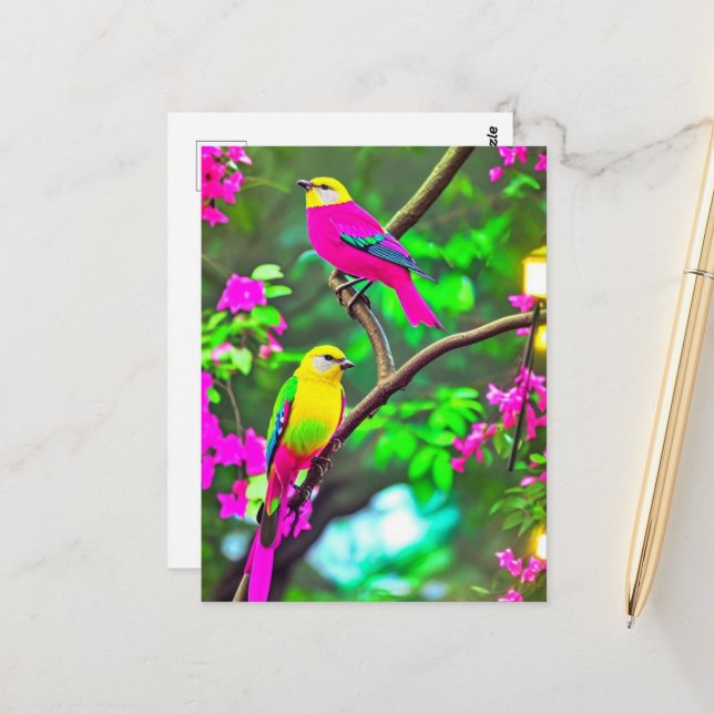 Colourful Fantasy Birds Postcard (Front/Back In Situ)