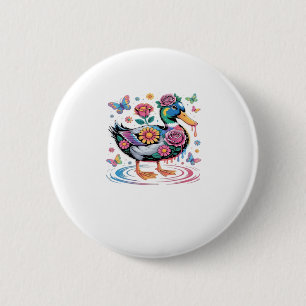 Colourful Fantasy Duck with Flowers and Butterflie 6 Cm Round Badge