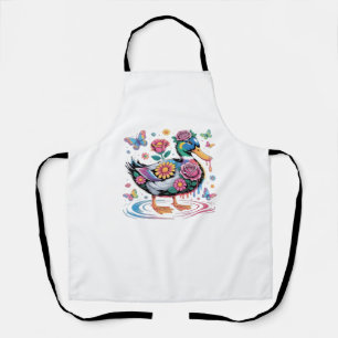 Colourful Fantasy Duck with Flowers and Butterflie Apron