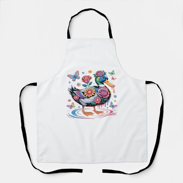 Colourful Fantasy Duck with Flowers and Butterflie Apron (Front)