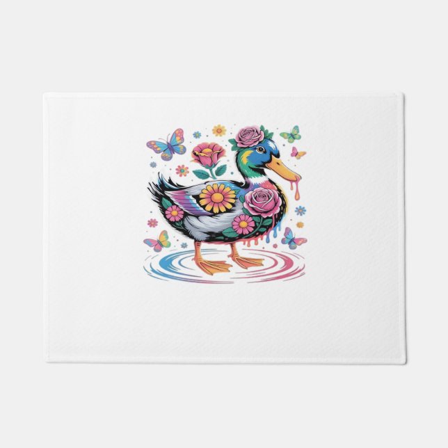 Colourful Fantasy Duck with Flowers and Butterflie Doormat (Front)
