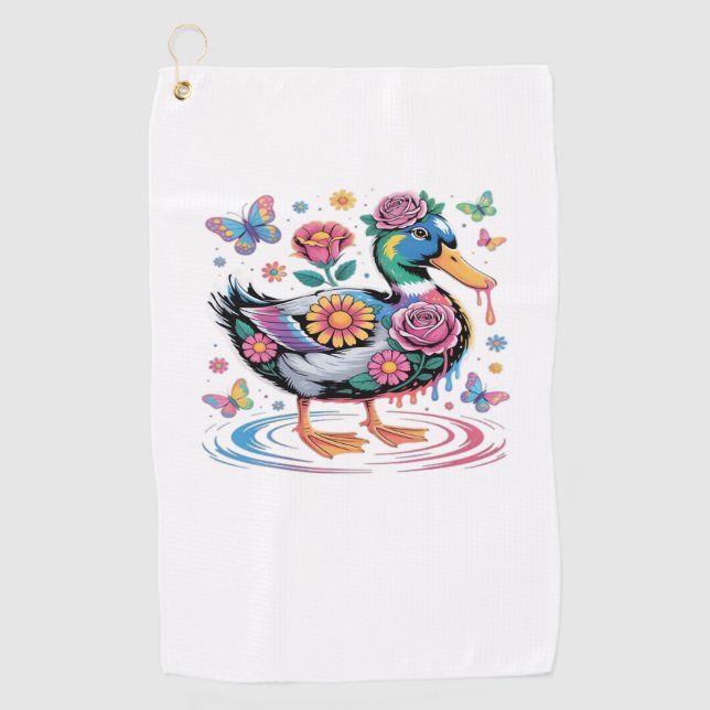 Colourful Fantasy Duck with Flowers and Butterflie Golf Towel (Front)