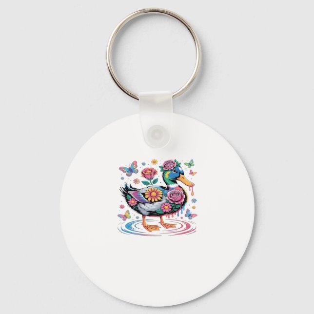 Colourful Fantasy Duck with Flowers and Butterflie Key Ring (Front)