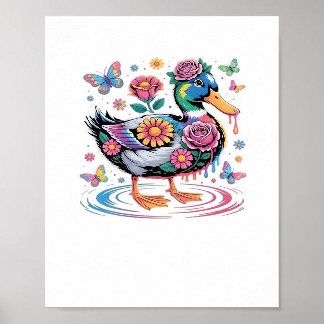 Colourful Fantasy Duck with Flowers and Butterflie Poster (Front)