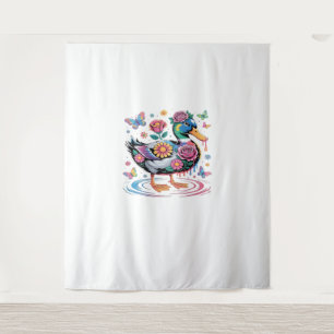 Colourful Fantasy Duck with Flowers and Butterflie Tapestry