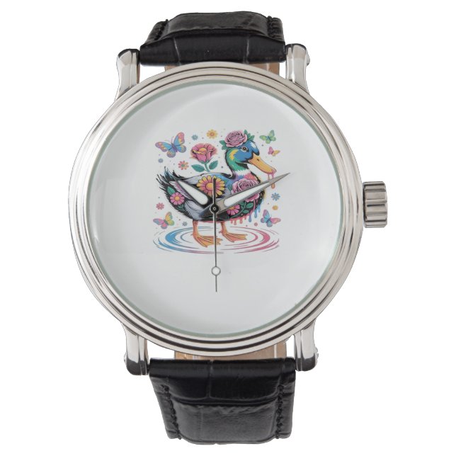 Colourful Fantasy Duck with Flowers and Butterflie Watch (Front)
