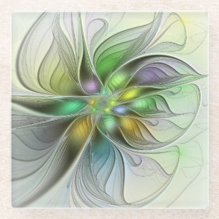 Colourful Fantasy Flower Modern Abstract Fractal Glass Coaster