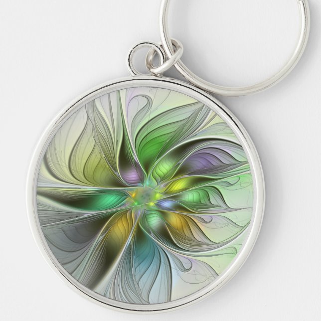 Colourful Fantasy Flower Modern Abstract Fractal Key Ring (Front)