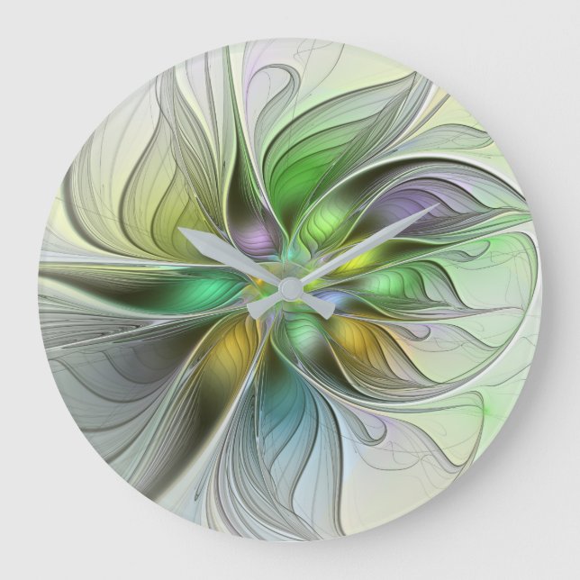 Colourful Fantasy Flower Modern Abstract Fractal Large Clock (Front)