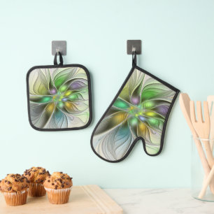 Colourful Fantasy Flower Modern Abstract Fractal Oven Mitt & Pot Holder Set