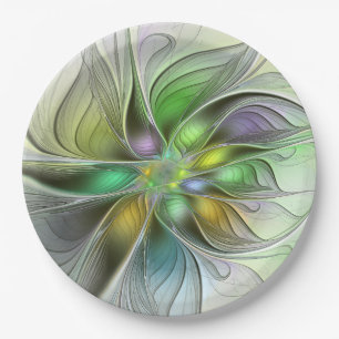 Colourful Fantasy Flower Modern Abstract Fractal Paper Plate