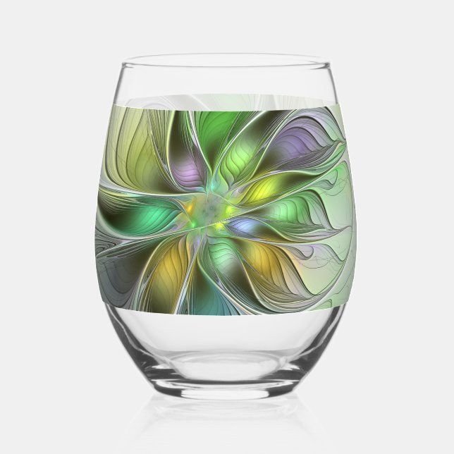 Colourful Fantasy Flower Modern Abstract Fractal Stemless Wine Glass (Front)