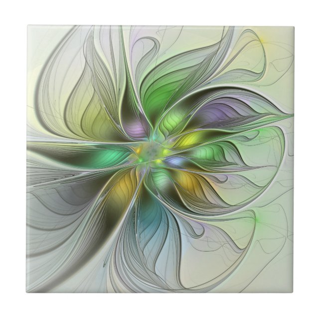 Colourful Fantasy Flower Modern Abstract Fractal Tile (Front)