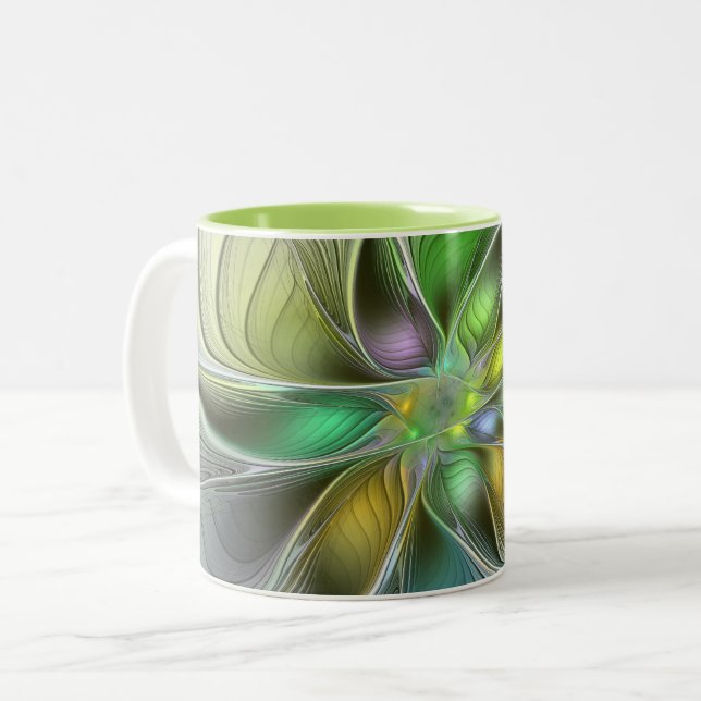 Colourful Fantasy Flower Modern Abstract Fractal Two-Tone Coffee Mug (Front Left)