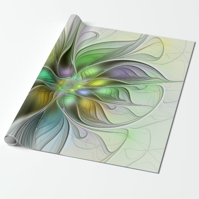 Colourful Fantasy Flower Modern Abstract Fractal Wrapping Paper (Unrolled)