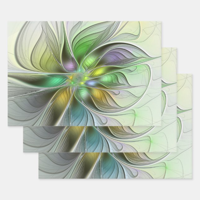 Colourful Fantasy Flower Modern Abstract Fractal Wrapping Paper Sheet (Set)