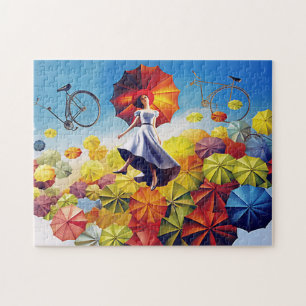 Colourful Fantasy Imagination Girl with Umbrellas Jigsaw Puzzle