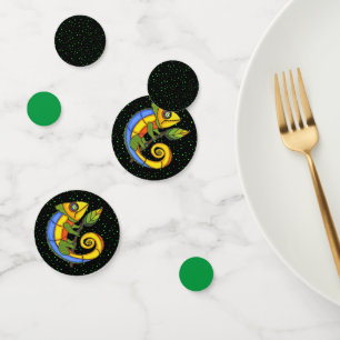 Colourful Fantasy Lizard on Branch Green Dots Confetti