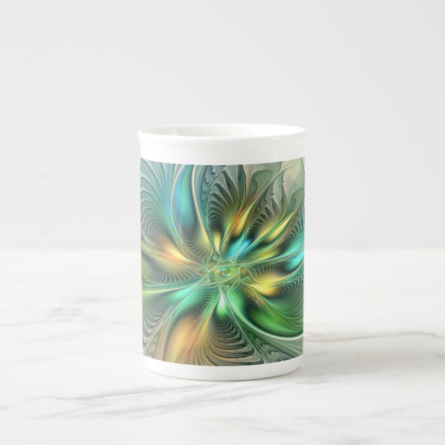Colourful Fantasy Modern Abstract Flower Fractal Bone China Mug (Front)