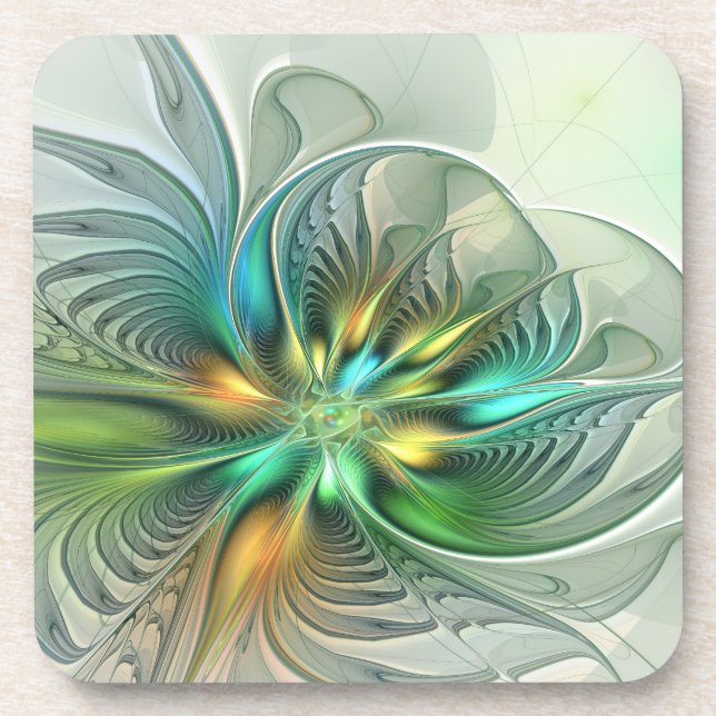 Colourful Fantasy Modern Abstract Flower Fractal Coaster (Front)