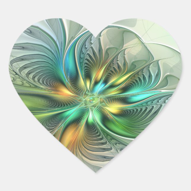 Colourful Fantasy Modern Abstract Flower Fractal Heart Sticker (Front)