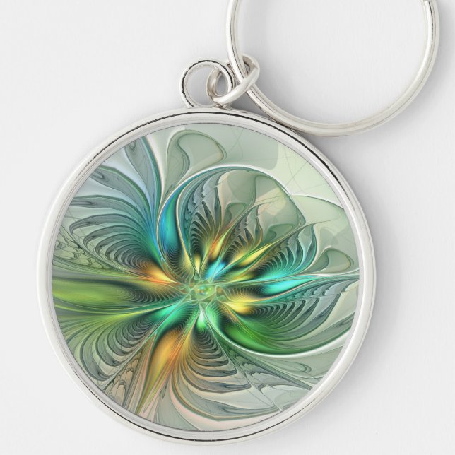 Colourful Fantasy Modern Abstract Flower Fractal Key Ring (Front)