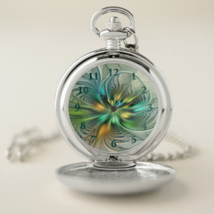 Colourful Fantasy Modern Abstract Flower Fractal Pocket Watch