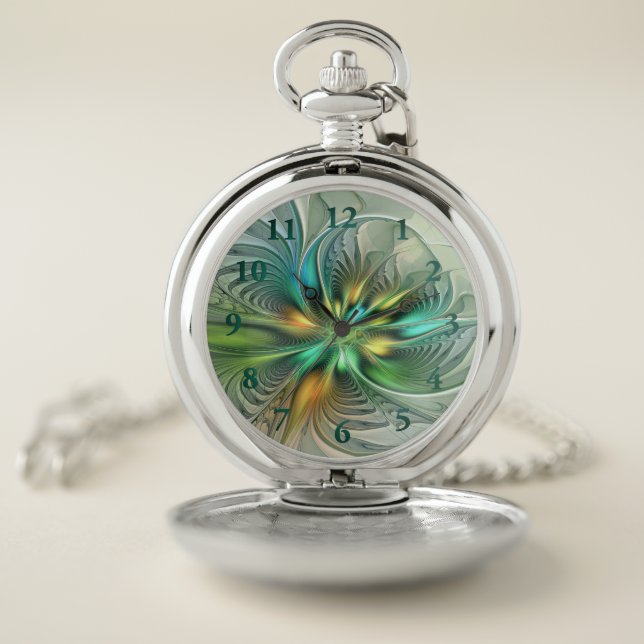 Colourful Fantasy Modern Abstract Flower Fractal Pocket Watch (Inside)