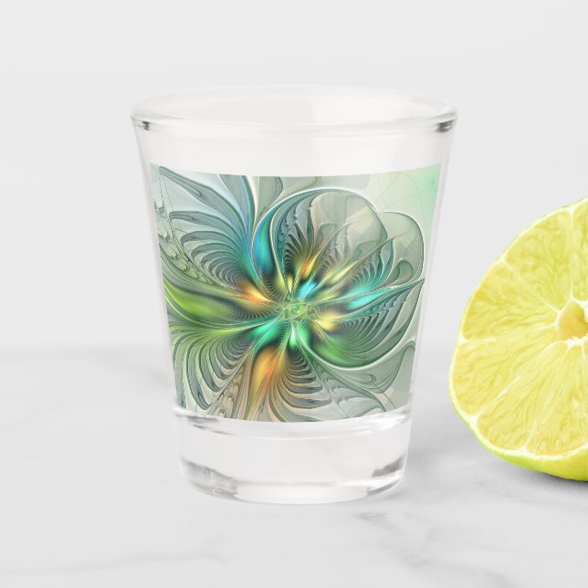 Colourful Fantasy Modern Abstract Flower Fractal Shot Glass (Front)