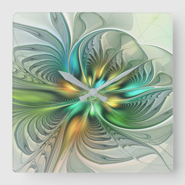Colourful Fantasy Modern Abstract Flower Fractal Square Wall Clock (Front)