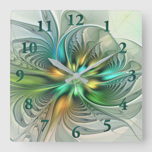 Colourful Fantasy Modern Abstract Flower Fractal Square Wall Clock (Front)