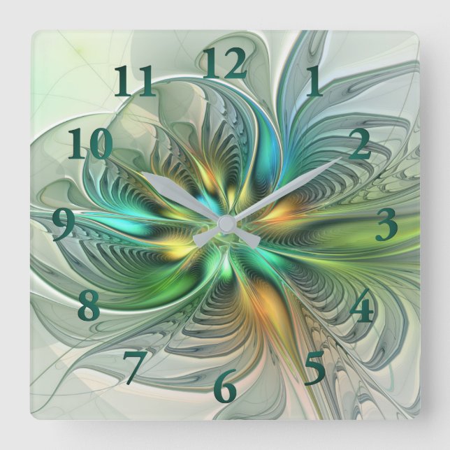 Colourful Fantasy Modern Abstract Flower Fractal Square Wall Clock (Front)