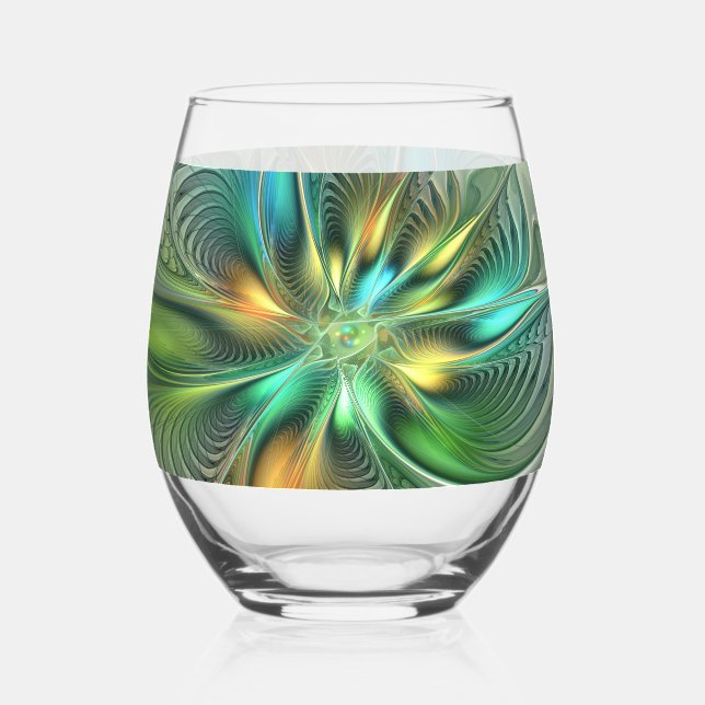 Colourful Fantasy Modern Abstract Flower Fractal Stemless Wine Glass (Front)