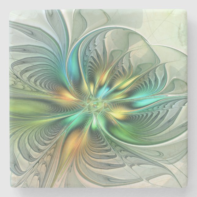 Colourful Fantasy Modern Abstract Flower Fractal Stone Coaster (Front)